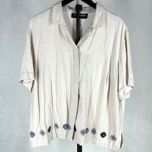 Sag Harbor Linen Blend Embroidered Floral Shirt XL Cottagecore Button Up Top